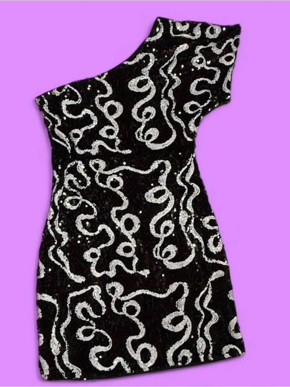 VINTAGE Y2K Asymmetric One-Shoulder Black Sequin Dress with Silver Swirl Accents